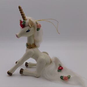 Unicorn Kurt Adler 1980s Wood  Christmas Ornament Sitting Pose White w/ Flowers